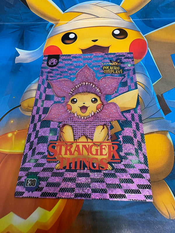 Pikachu Cosplay 1 Horror Hit Card – Stranger Things Pink E30 Fan Art Collector Card